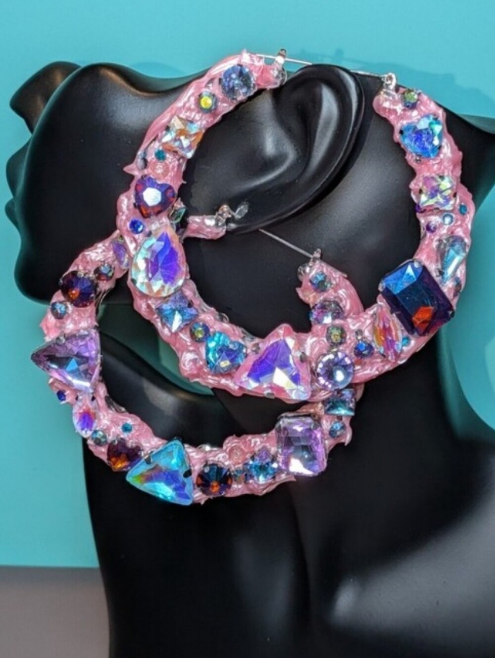 Hand Crafted Pink Hoop Earrings with Iridescent Crystals